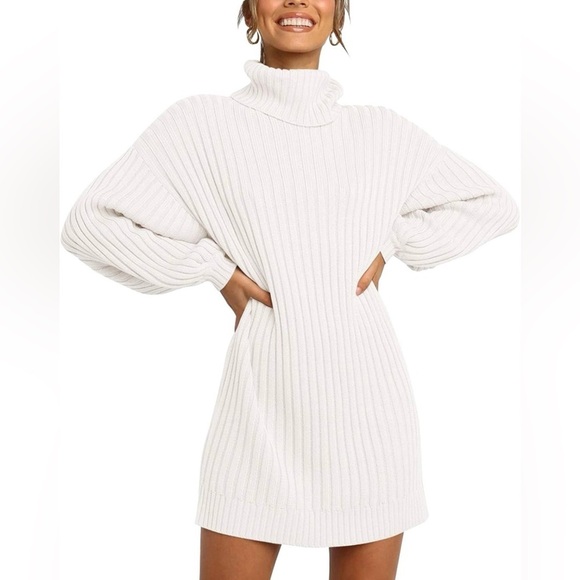Amazon Dresses & Skirts - YIBOCK White Ribbed Turtleneck Sweater Dress Size S